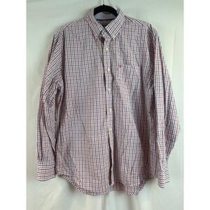 IZOD Mens Long Sleeve Button Down Shirt Red Blue Plaid Casual‎ Dress Work Size L